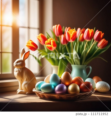 Table with vase of tulips, colorful Easter eggs. Basket of eggs and vase of tulips on kitchen table near window. Happy Easter greeting card, banner, festive background. Blurred background. Copy space. 111711952