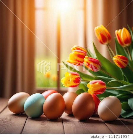 Table with vase of tulips, colorful Easter eggs. Eggs and vase of tulips on kitchen table near window. Happy Easter greeting card, banner, festive background. Blurred background. Copy space. Table with vase of tulips, colorful Easter eggs. Eggs and vase of tulips on kitchen table near window. Happy Easter greeting card, banner, festive background. Blurred background. Copy space. 111711954