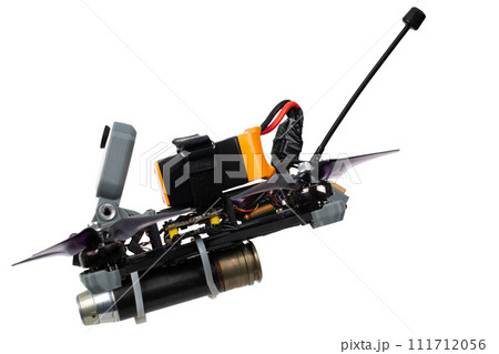 Combat FPV drone with anti personnel warhead. Low cost loitering munition for modern war. Combat FPV drone with anti personnel warhead. Low cost loitering munition for modern war. 111712056