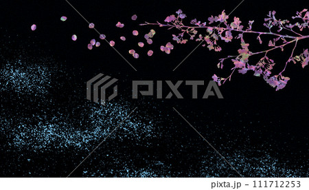 黒漆風の背景に螺鈿の桜と色箔砂子、和風の伝統工芸「蒔絵」のイメージ 黒漆風の背景に螺鈿の桜と色箔砂子、和風の伝統工芸「蒔絵」のイメージ 111712253