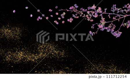 黒漆風の背景に螺鈿の桜と金箔砂子、和風の伝統工芸「蒔絵」のイメージ 黒漆風の背景に螺鈿の桜と金箔砂子、和風の伝統工芸「蒔絵」のイメージ 111712254