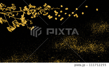 黒漆風の背景に金箔の桜と金砂子、和風の伝統工芸「蒔絵」のイメージ	 111712255