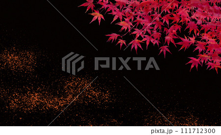 黒漆風の背景に螺鈿のモミジと色砂子、和風の伝統工芸「蒔絵」のイメージ 111712300