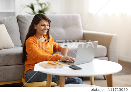 Positive young indian woman using laptop at home Positive young indian woman using laptop at home 111713020