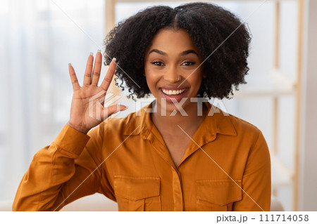 Cheerful millennial curly african american lady waving hand, has video call Cheerful millennial curly african american lady waving hand, has video call 111714058
