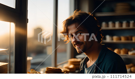 AI-generated content. man baker bread. men's bread business. business bakery loan loan. smile face work. uniform oven roll cheerful men gourmet chefs male profession rack happy business standing 111714524