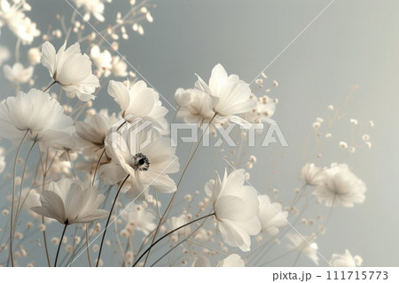 White anemone flowers swaying gently, their dark centers a stark contrast to a soft, sky background White anemone flowers swaying gently, their dark centers a stark contrast to a soft, sky background 111715773