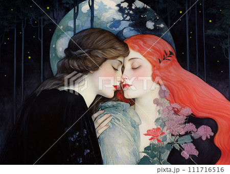 Two beautiful women are embracing in front of a nocturnal forest and a huge moon. The women touch each other, creating an atmosphere of intimacy and warmth. 111716516