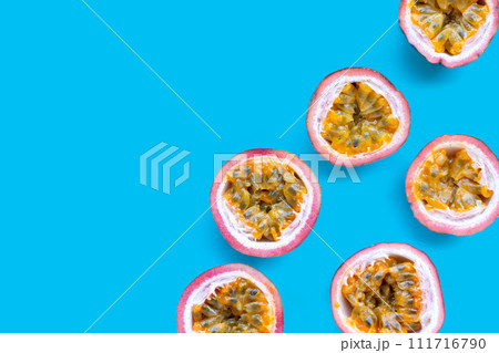 Passion fruit on blue background. 111716790