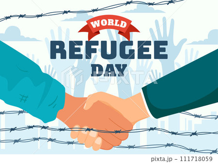 World Refugee Day Vector Illustration on 20 June of Immigration Family and Their Kids Walking Seek Home with Fence Iron Wire and Hand in Background 111718059