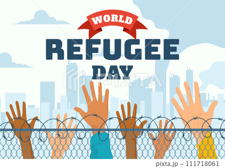 World Refugee Day Vector Illustration on 20 June of Immigration Family and Their Kids Walking Seek Home with Fence Iron Wire and Hand in Background World Refugee Day Vector Illustration on 20 June of Immigration Family and Their Kids Walking Seek Home with Fence Iron Wire and Hand in Background 111718061