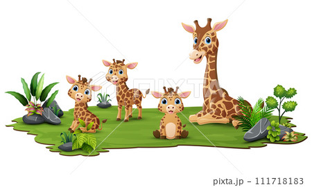Cute family giraffe cartoon in the grass 111718183