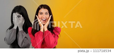 Happy excited and sad scared millennial arab lady suffer from depression, closes face and violence Happy excited and sad scared millennial arab lady suffer from depression, closes face and violence 111718534