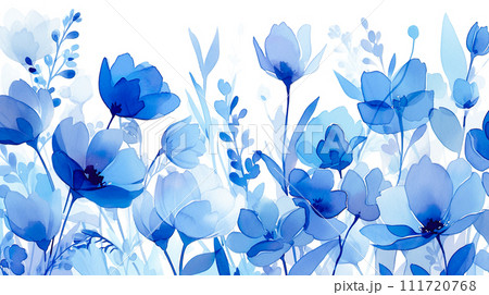 ブルーの抽象的な花の水彩イラスト背景「AI生成画像」 111720768