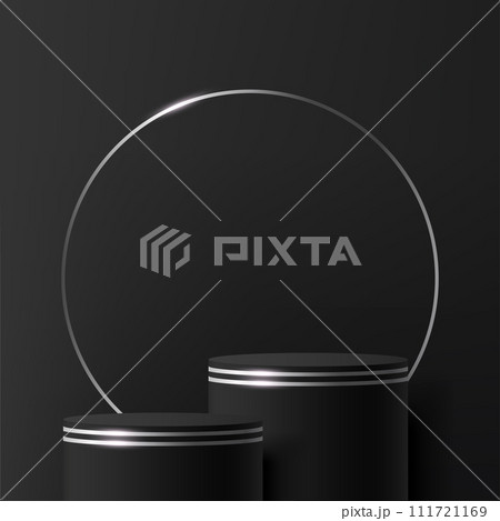 Modern black and silver cylinder pedestal podium. Cosmetic banner display. Vector 111721169