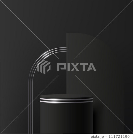 Modern black and silver cylinder pedestal podium. Cosmetic banner display. Vector 111721190