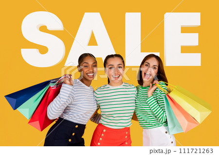 Collage With Three Diverse Customers Ladies Posing With Shopper Bags 111721263