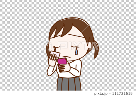 (Upper body diagonal) Female student crying with sadness while holding a smartphone and looking at the screen (Upper body diagonal) Female student crying with sadness while holding a smartphone and looking at the screen 111721619