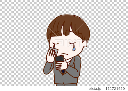 (Upper body diagonal) A male student who is sad and sheds tears while holding a smartphone and looking at the screen (Upper body diagonal) A male student who is sad and sheds tears while holding a smartphone and looking at the screen 111721620