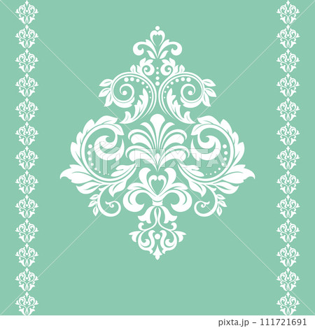 Damask graphic ornament. Floral design element. Green and white vector pattern 111721691