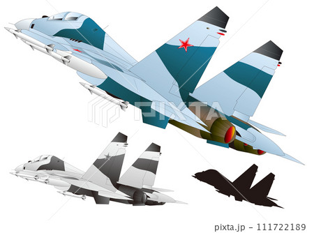 青系迷彩柄のジェット戦闘機を背面から描いたイラスト(白バック、モノクロ・シルエット付) 青系迷彩柄のジェット戦闘機を背面から描いたイラスト(白バック、モノクロ・シルエット付) 111722189