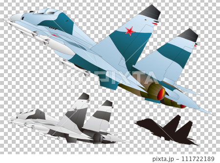 青系迷彩柄のジェット戦闘機を背面から描いたイラスト(白バック、モノクロ・シルエット付) 青系迷彩柄のジェット戦闘機を背面から描いたイラスト(白バック、モノクロ・シルエット付) 111722189