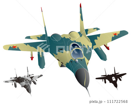 ツインジェットエンジン戦闘機MIG29フルクラム(中東系茶緑迷彩イラスト、モノクロ・黒シルエット付) ツインジェットエンジン戦闘機MIG29フルクラム(中東系茶緑迷彩イラスト、モノクロ・黒シルエット付) 111722568