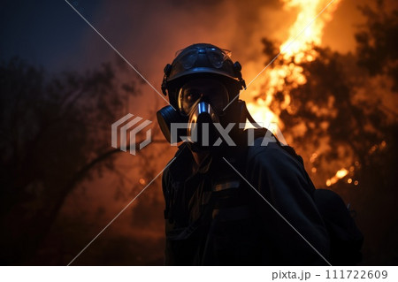 Fireman with fire hose for fighting fire wearing fire protective suite . Generative AI Fireman with fire hose for fighting fire wearing fire protective suite . Generative AI 111722609