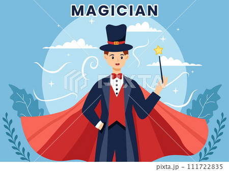 Magician Vector Illustration with Illusionist Conjuring Tricks and Waving a Magic Wand above his Mysterious Hat on a Stage in Flat Cartoon Background 111722835