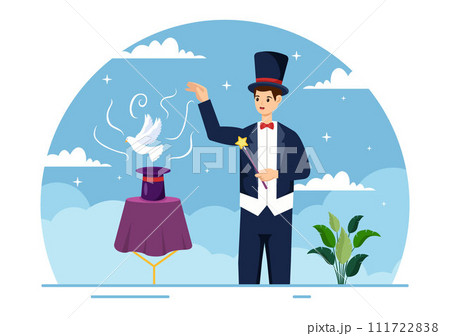Magician Vector Illustration with Illusionist Conjuring Tricks and Waving a Magic Wand above his Mysterious Hat on a Stage in Flat Cartoon Background 111722838