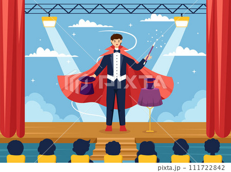 Magician Vector Illustration with Illusionist Conjuring Tricks and Waving a Magic Wand above his Mysterious Hat on a Stage in Flat Cartoon Background Magician Vector Illustration with Illusionist Conjuring Tricks and Waving a Magic Wand above his Mysterious Hat on a Stage in Flat Cartoon Background 111722842