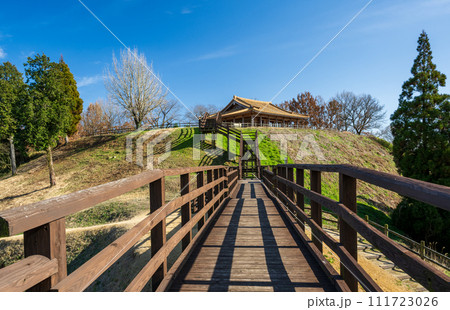 古代の丘に晴天の青空と白い雲の鞠智城 111723026