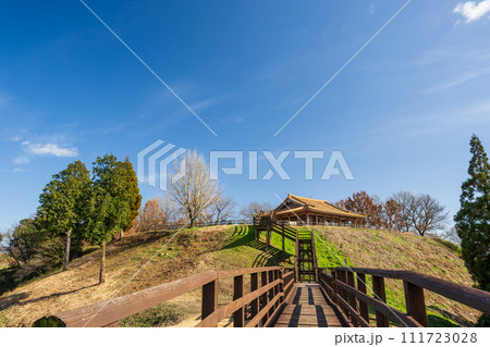 古代の丘に晴天の青空と白い雲の鞠智城 111723028