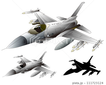 アメリカF-16単座単発ジェット戦闘機（切り抜き白背景、モノクロカラー