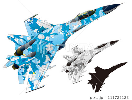 青と灰色迷彩ジェット戦闘機スホーイSu-27切り抜き白背景、モノクロカラー・黒シルエット付) 青と灰色迷彩ジェット戦闘機スホーイSu-27切り抜き白背景、モノクロカラー・黒シルエット付) 111723128