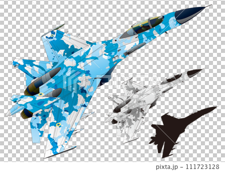 青と灰色迷彩ジェット戦闘機スホーイSu-27切り抜き白背景、モノクロカラー・黒シルエット付) 青と灰色迷彩ジェット戦闘機スホーイSu-27切り抜き白背景、モノクロカラー・黒シルエット付) 111723128
