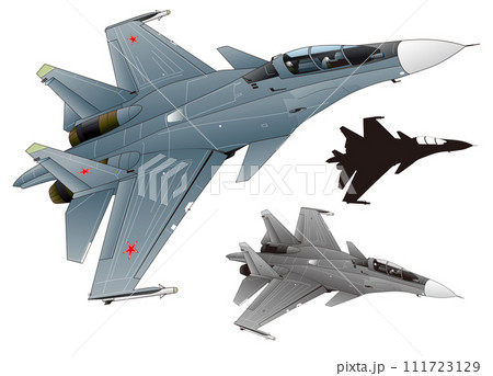 ジェット戦闘機Mig29フルクラム(切抜き白背景、モノクロカラー・黒シルエット付) ジェット戦闘機Mig29フルクラム(切抜き白背景、モノクロカラー・黒シルエット付) 111723129