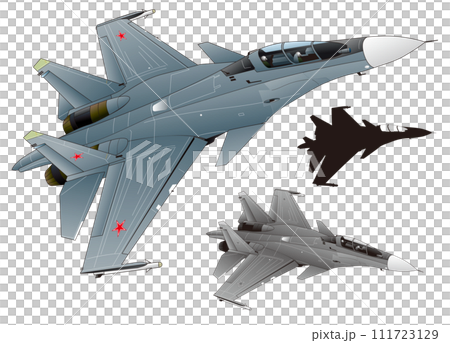 ジェット戦闘機Mig29フルクラム(切抜き白背景、モノクロカラー・黒シルエット付) ジェット戦闘機Mig29フルクラム(切抜き白背景、モノクロカラー・黒シルエット付) 111723129
