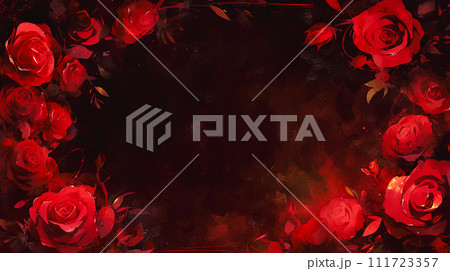 黒背景にラグジュアリーな赤い薔薇のイラストのフレーム背景「AI生成画像」 111723357