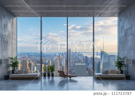 AI-generated content. Large empty office room and city view. Generative AI AI-generated content. Large empty office room and city view. Generative AI 111723787