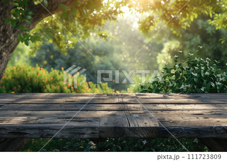 AI-generated content. Empty wooden table with garden background. photo for advertising. Generative AI 111723809