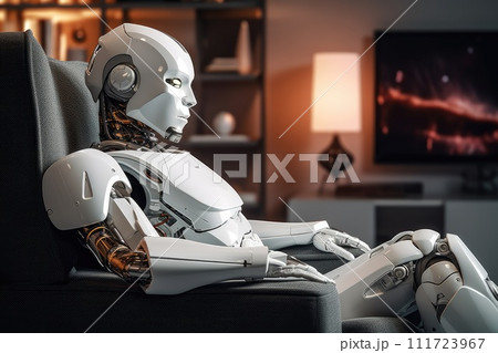 Robot is sitting on the sofa in the living room. Robotization of people's daily lives concept. Robot is sitting on the sofa in the living room. Robotization of people's daily lives concept. 111723967