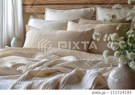 AI-generated content. White pillows and duvet on the bed. Bedroom with bed and bedding. Generative AI 111724195