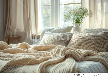 AI-generated content. White pillows and duvet on the bed. Bedroom with bed and bedding. Generative AI AI-generated content. White pillows and duvet on the bed. Bedroom with bed and bedding. Generative AI 111724388