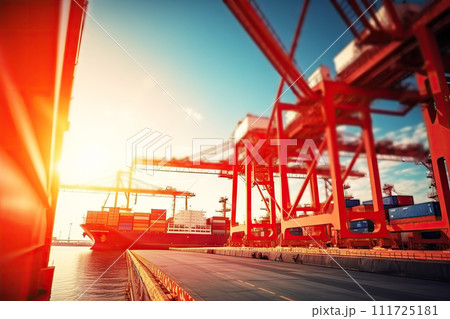 Container cargo import export at port with motion flash shiny light background. Generative AI 111725181