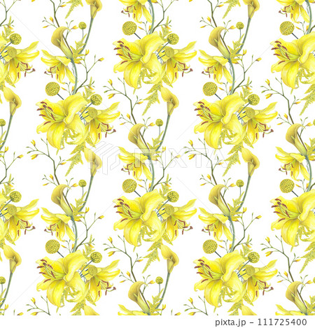 Lilies Yellow flower, calla lilies, craspedia seamless pattern isolated white background. Watercolor hand drawn botanic illustration. Art design wedding invitation, greeting card, decoration graphic 111725400