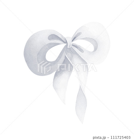 white silk ribbon bow isolated on white background. Watercolor hand drawn illustration. Art for design decoration, greeting card, poster 111725403