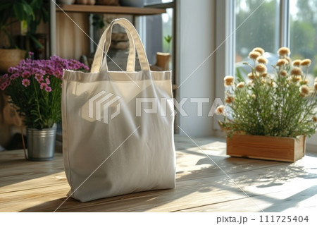 AI-generated content. Mockup Canvas tote bag with copy space for branding and advertising. eco and recycle. Generative AI 111725404