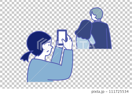 A simple illustration of a woman taking a photo of the scene of an affair with a smartphone A simple illustration of a woman taking a photo of the scene of an affair with a smartphone 111725534