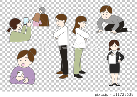 Simple illustration set of divorce, disputes, infidelity, and cheating between men and women Simple illustration set of divorce, disputes, infidelity, and cheating between men and women 111725539